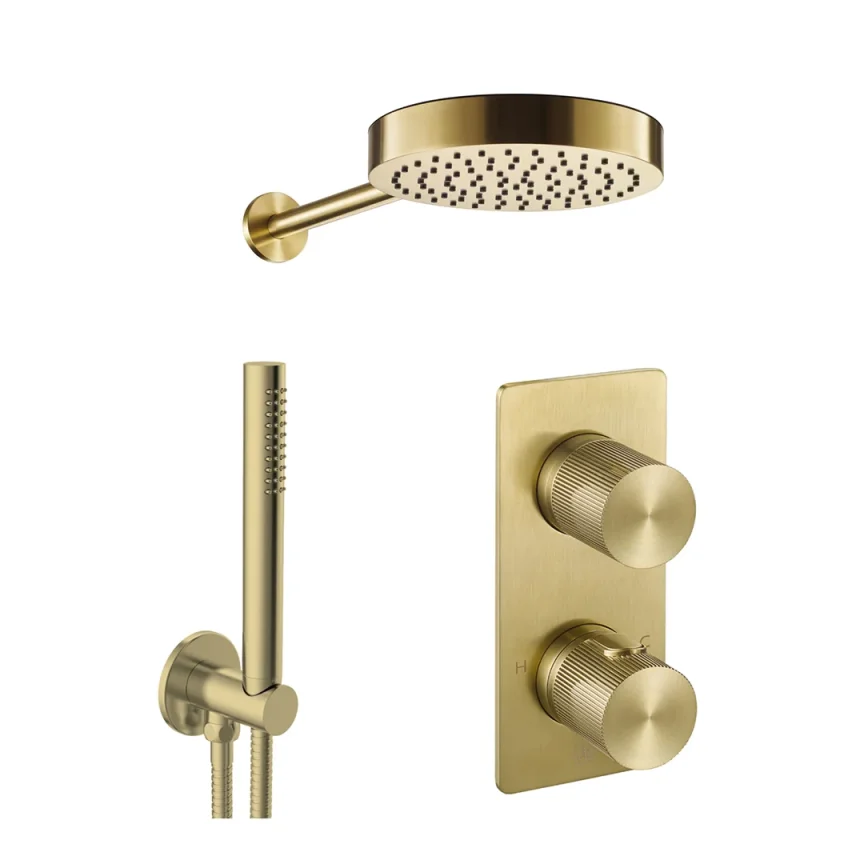 Just Taps Evo 2 Outlet Shower Valve, Arm 400mm,overhead Shower 200mm, Round Water Outlet - Brushed Brass product image - Image 1
