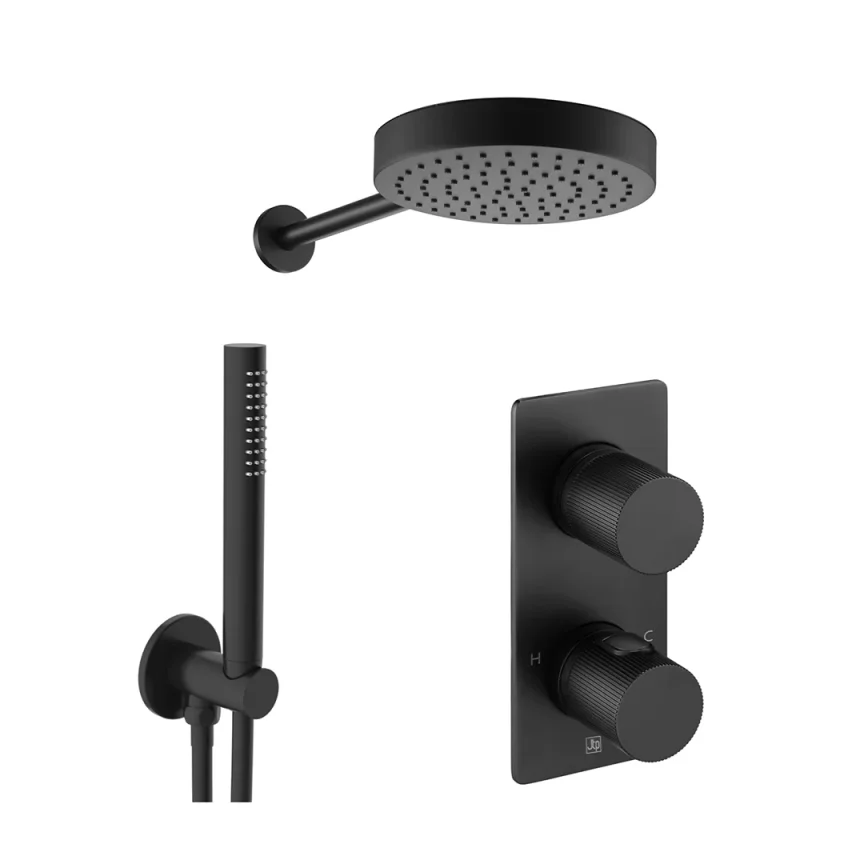 Just Taps Evo 2 Outlet Shower Valve, Arm 400mm,overhead Shower 250mm, Round Water Outlet - Matt Black product image - Image 1
