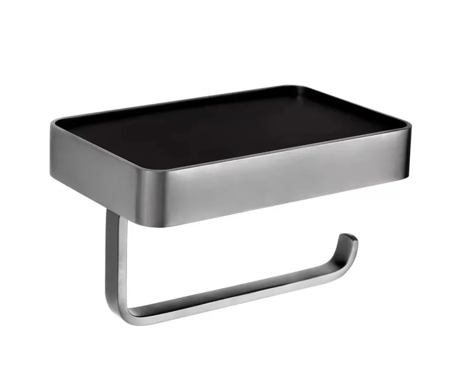 Just Taps Vos Toilet Roll Holder With Mobile Phone Shelf Brushed Black product image - Image 1