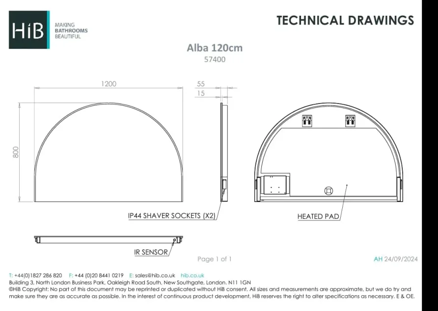 Hib Alba Arch 120 Mirror With Chargng Socket H80 X W120 X 5.6cm technical drawing - Image 2