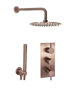 Just Taps Vos 2 Outlet Shower Valve, Arm 400mm, Overhead Shower 200mm, Round Water Outlet - Brushed Bronze
