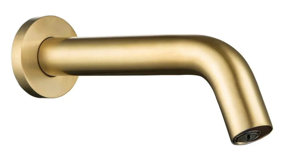 Just Taps React Sensor Wall Spout Mains And Battery Operated Brushed Brass product image - Image 1