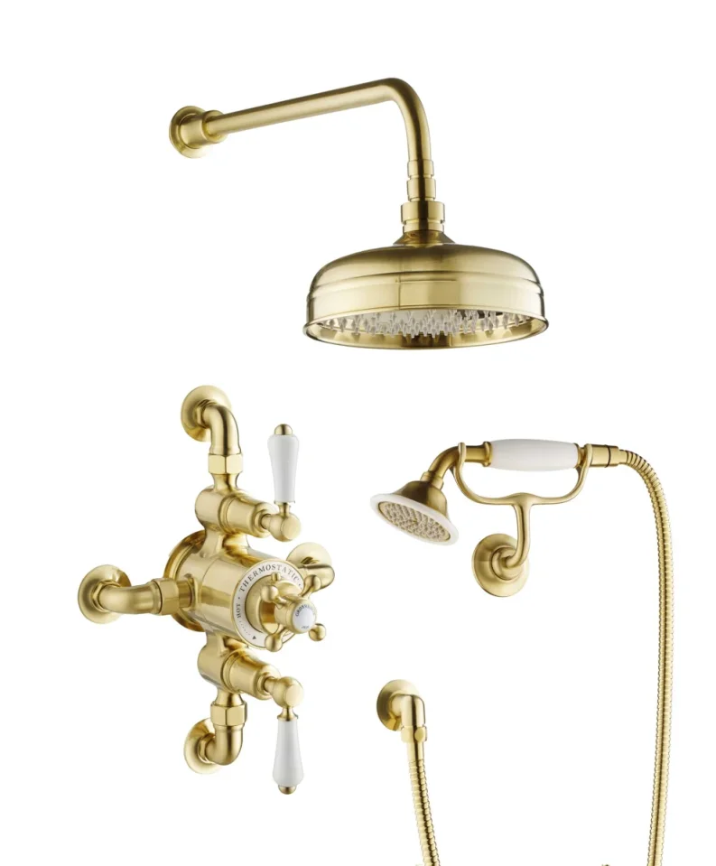 Just Taps Grosvenor Exposed Thermostatic Valve With Two Outlet Brushed Brass product image - Image 1