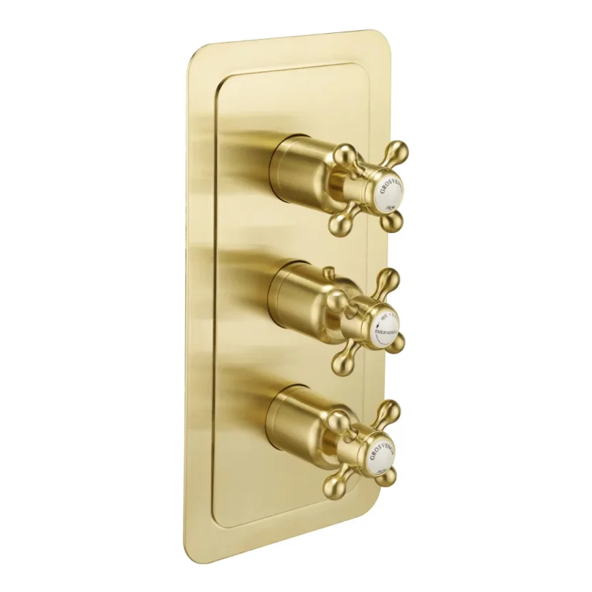 Just Taps Grosvenor Cross-concealed Thrmostatic 2 Outlet Valve Vertical Brushed Brass product image - Image 1