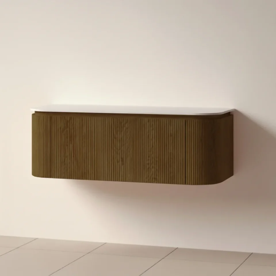 Faeber Lunar 3 Drawer Curved Fluted 1200mm Vanity Unit Walnut With Matt White Countertop product image - Image 1