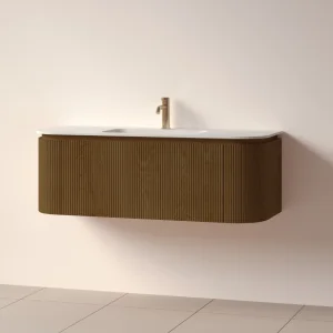 Faeber Lunar 3 Drawer Curved Fluted 1200mm Vanity Unit Walnut With Matt White Basin 1th (drilled On-site)