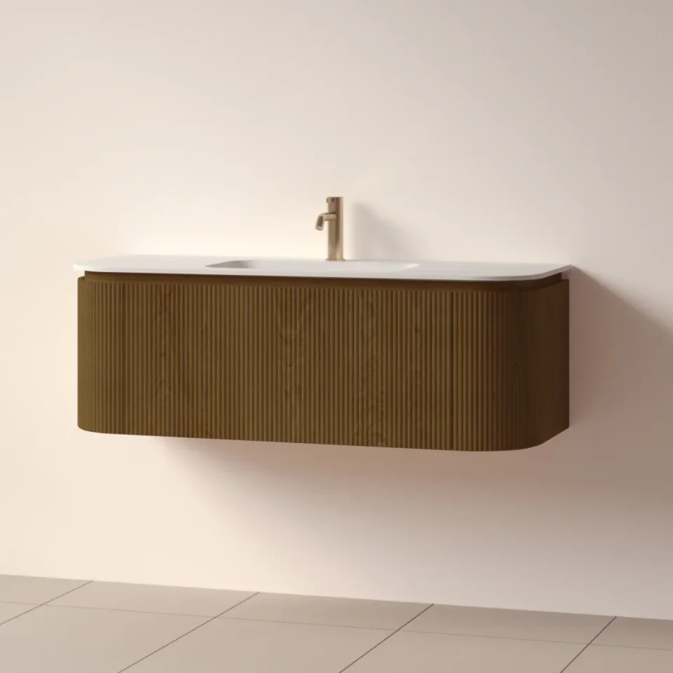 Faeber Lunar 3 Drawer Curved Fluted 1200mm Vanity Unit Walnut With Matt White Basin 1th (drilled On-site) product image - Image 1