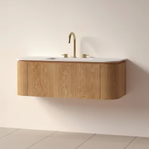 Faeber Lunar 3 Drawer Curved Fluted 1200mm Vanity Unit Oak With Matt White Basin 3th (drilled On-site)