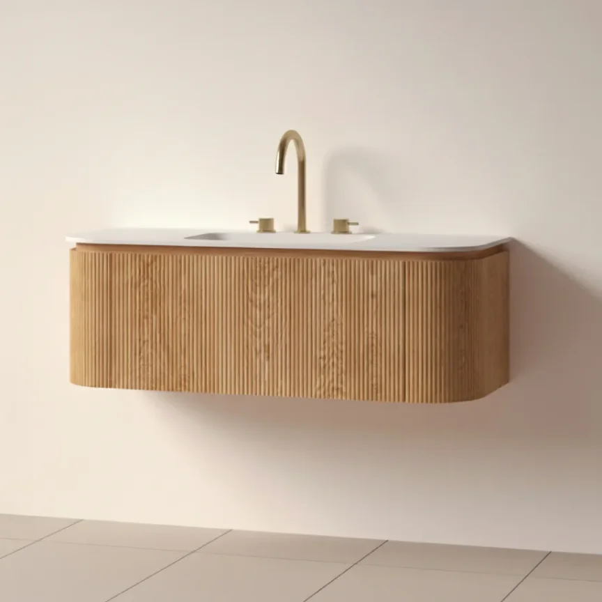 Faeber Lunar 3 Drawer Curved Fluted 1200mm Vanity Unit Oak With Matt White Basin 3th (drilled On-site) product image - Image 1