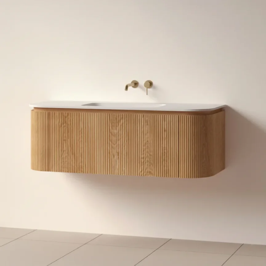 Faeber Lunar 3 Drawer Curved Fluted 1200mm Vanity Unit Oak With Matt White Basin 0th product image - Image 1