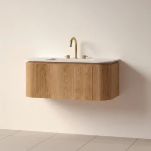 Faeber Lunar 3 Drawer Curved Fluted 1000mm Vanity Unit Oak With Matt White Basin 3th (drilled On-site)