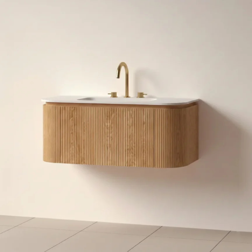 Faeber Lunar 3 Drawer Curved Fluted 1000mm Vanity Unit Oak With Matt White Basin 3th (drilled On-site) product image - Image 1