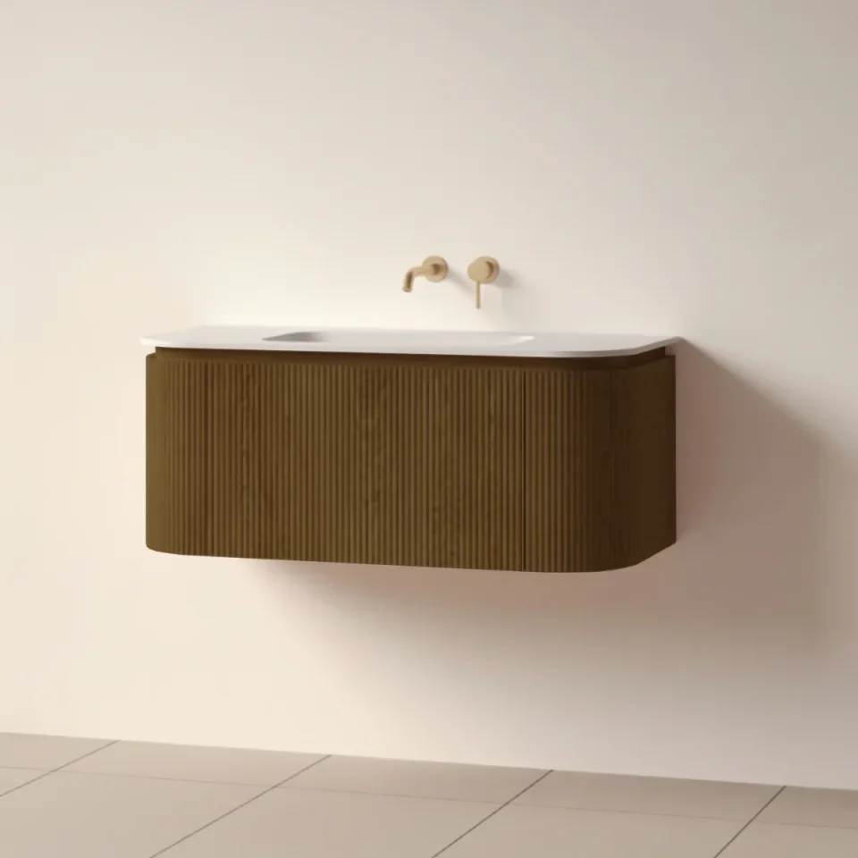 Faeber Lunar 3 Drawer Curved Fluted 1000mm Vanity Unit Walnut With Matt White Basin 0th product image - Image 1