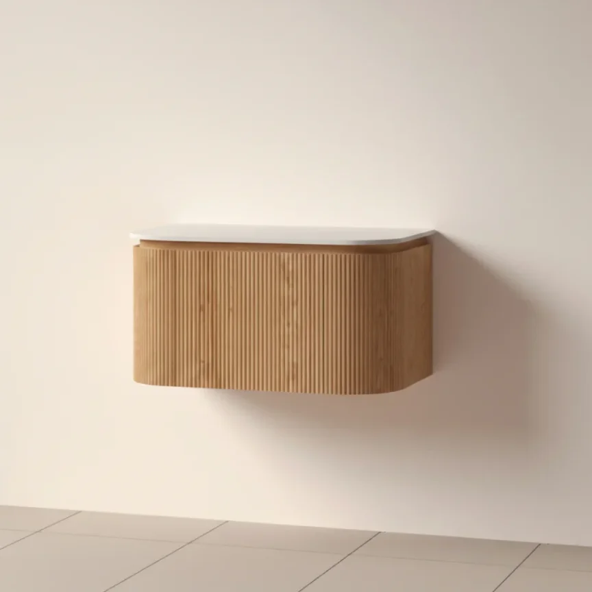 Faeber Lunar 3 Drawer Curved Fluted 800mm Vanity Unit Oak With Matt White Countertop product image - Image 1