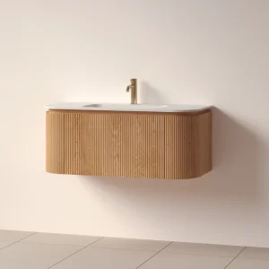 Faeber Lunar 3 Drawer Curved Fluted 1000mm Vanity Unit Oak With Matt White Basin 1th (drilled On-site)