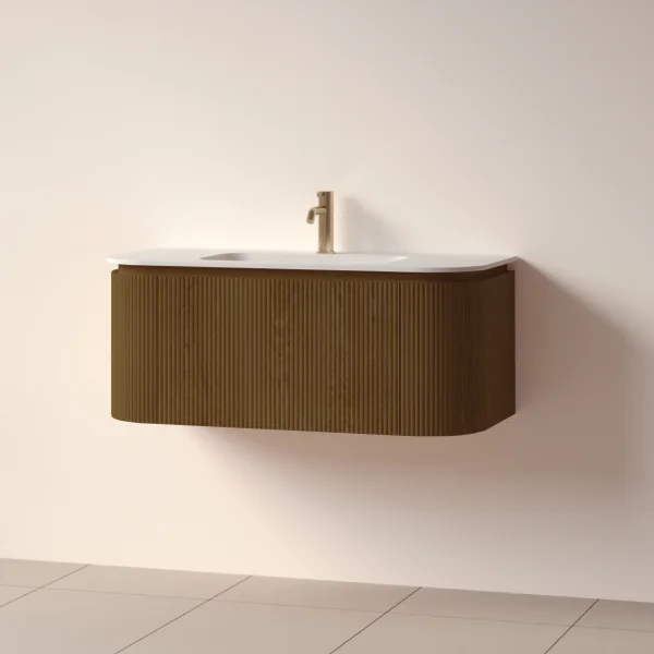 Faeber Lunar 3 Drawer Curved Fluted 1000mm Vanity Unit Walnut With Matt White Basin 1th (drilled On-site)