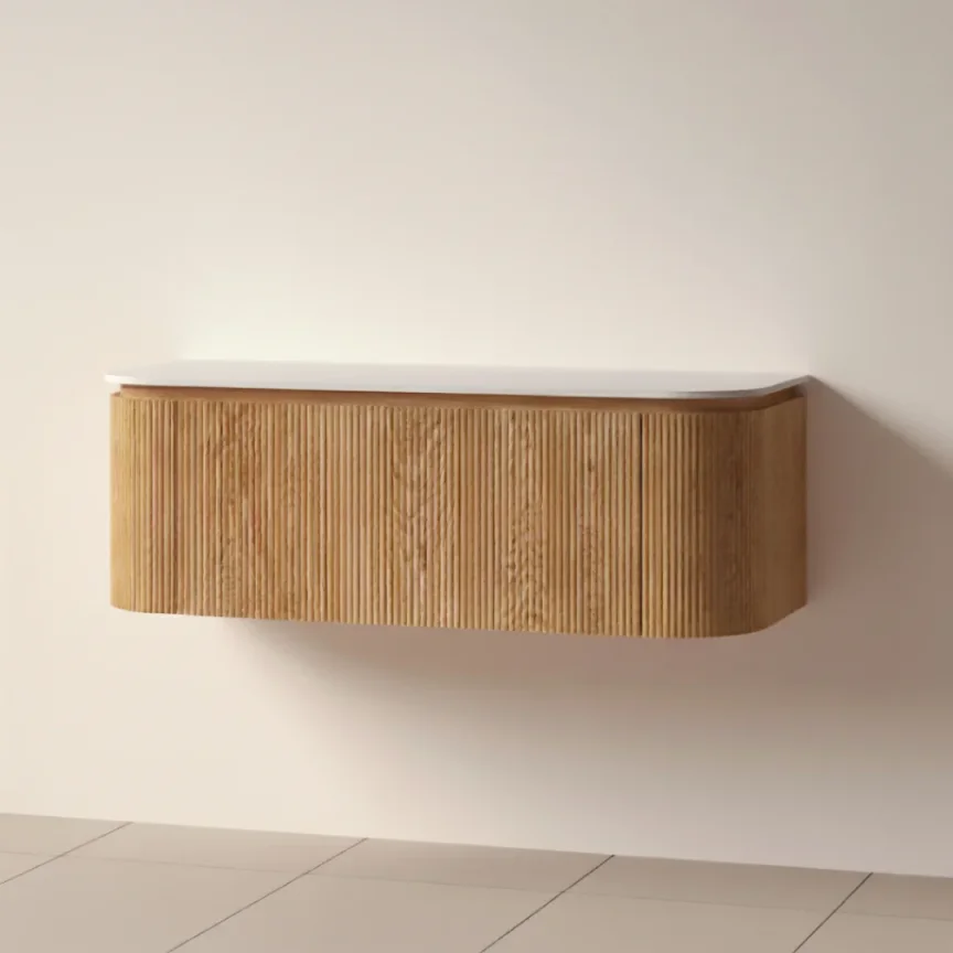 Faeber Lunar 3 Drawer Curved Fluted 1200mm Vanity Unit Oak With Matt White Countertop product image - Image 1
