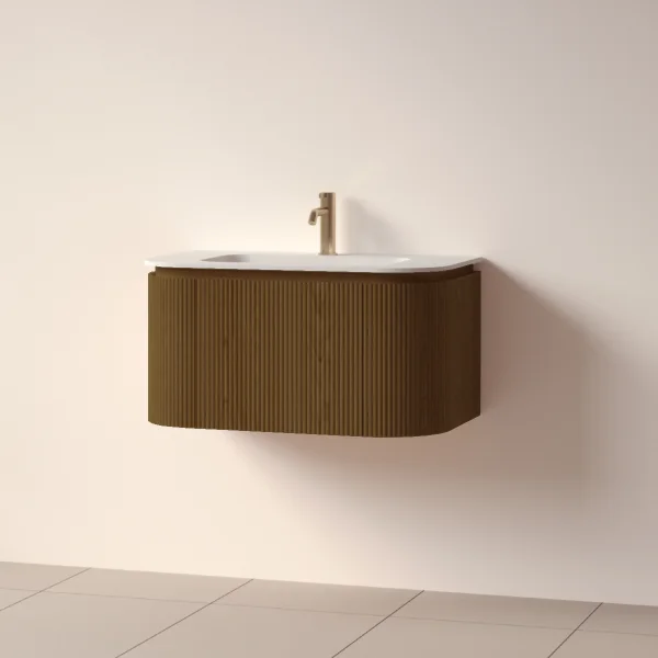 Faeber Lunar 3 Drawer Curved Fluted 800mm Vanity Unit Walnut With Matt White Basin 1th (drilled On-site)