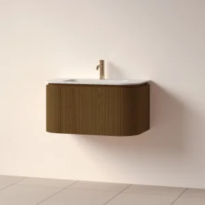 Faeber Lunar 3 Drawer Curved Fluted 800mm Vanity Unit Walnut With Matt White Basin 1th (drilled On-site)