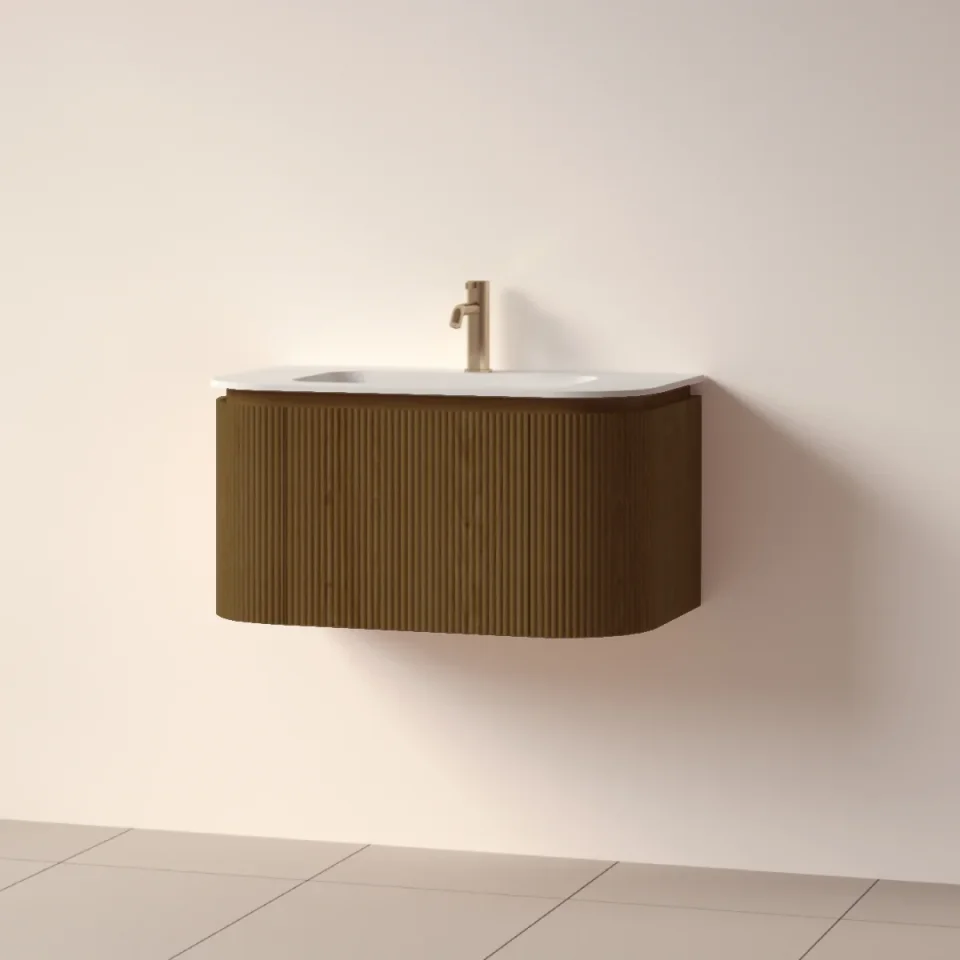Faeber Lunar 3 Drawer Curved Fluted 800mm Vanity Unit Walnut With Matt White Basin 1th (drilled On-site) product image - Image 1