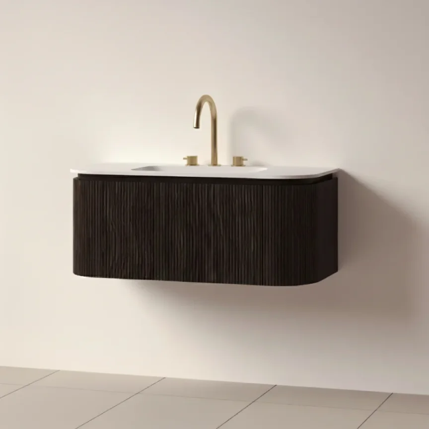 Faeber Lunar 3 Drawer Curved Fluted 1000mm Vanity Unit Black Walnut With Matt White Basin 3th (drilled On-site) product image - Image 1