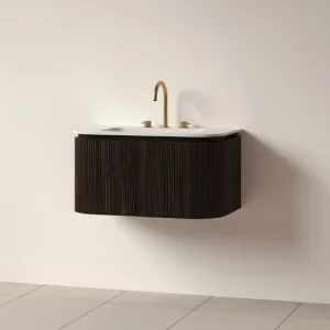 Faeber Lunar 3 Drawer Curved Fluted 800mm Vanity Unit Black Walnut With Matt White Basin 3th (drilled On-site)
