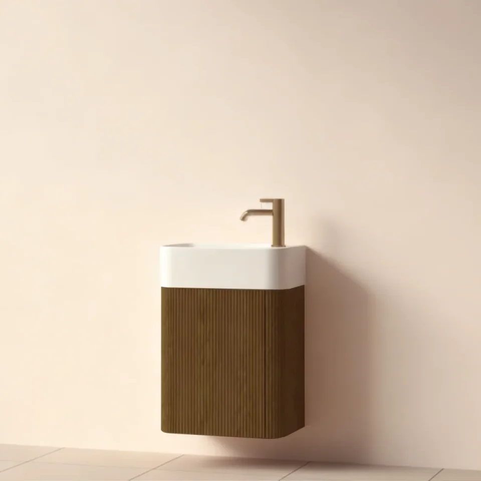 Faeber Lunar Cloakroom Curved Fluted 450mm Vanity Unit Walnut - Right product image - Image 1