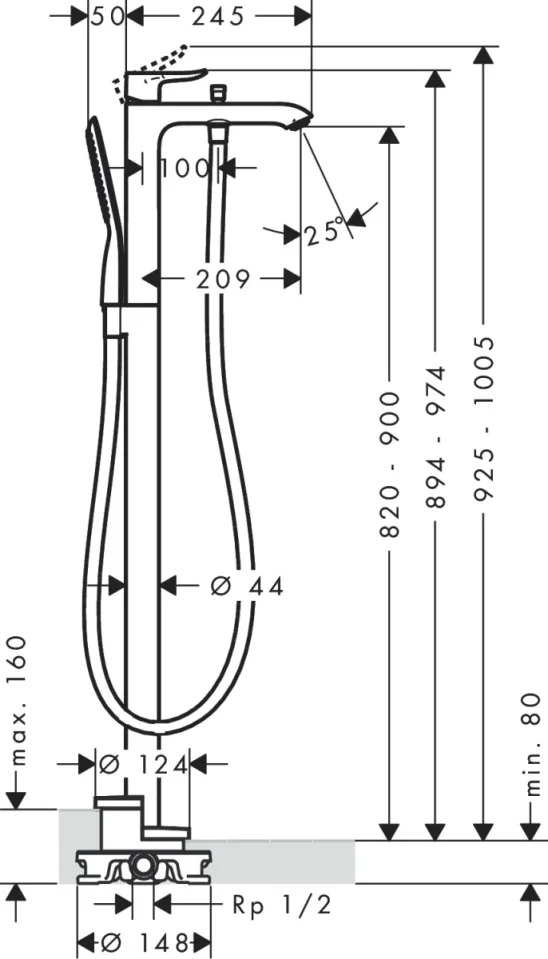 Hansgrohe Metris Bath Mixer Free Stand Chrome technical drawing - Image 2