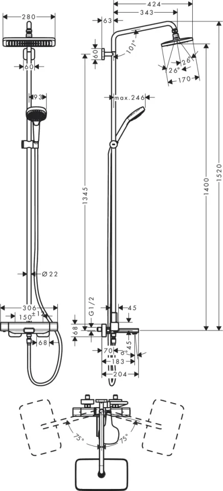 Hansgrohe Croma E 280 1jet Shp Th Bath Chrome Chrome detail view - Image 2