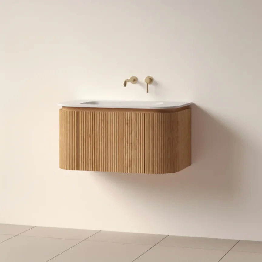 Faeber Lunar 3 Drawer Curved Fluted 800mm Vanity Unit Oak With Matt White Basin 0th product image - Image 1