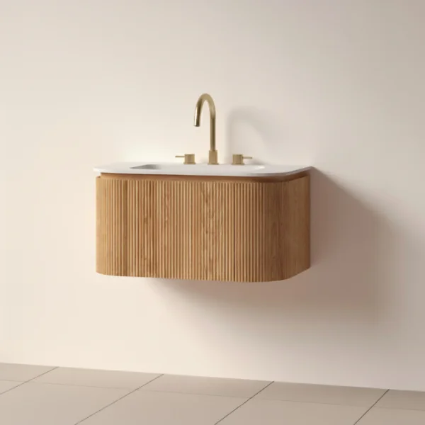 Faeber Lunar 3 Drawer Curved Fluted 800mm Vanity Unit Oak With Matt White Basin 3th (drilled On-site)
