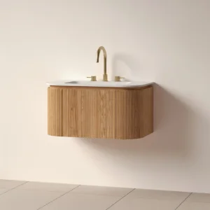Faeber Lunar 3 Drawer Curved Fluted 800mm Vanity Unit Oak With Matt White Basin 3th (drilled On-site)