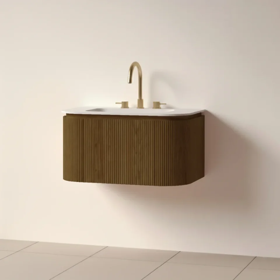 Faeber Lunar 3 Drawer Curved Fluted 800mm Vanity Unit Walnut With Matt White Basin 3th (drilled On-site) product image - Image 1