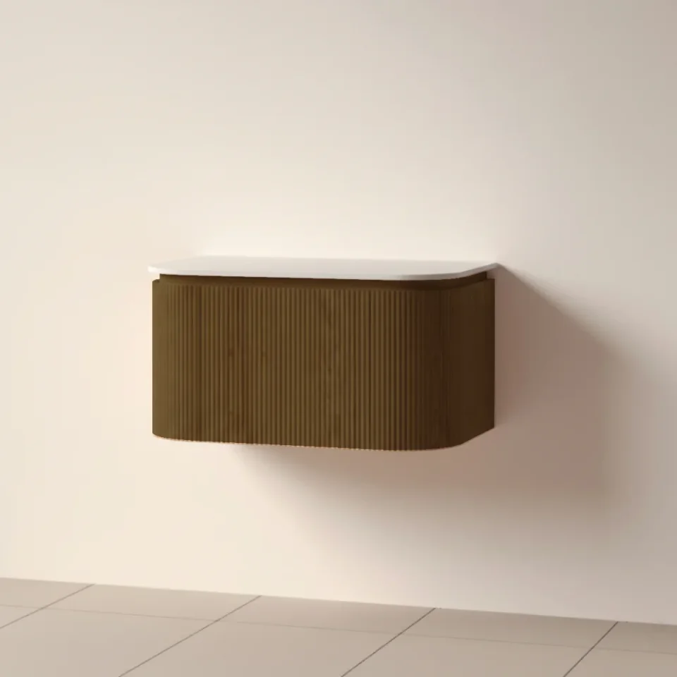 Faeber Lunar 3 Drawer Curved Fluted 800mm Vanity Unit Walnut With Matt White Countertop product image - Image 1