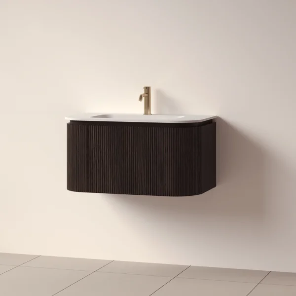 Faeber Lunar 3 Drawer Curved Fluted 800mm Vanity Unit Black Walnut With Matt White Basin 1th (drilled On-site)