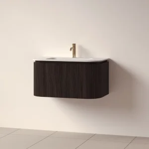 Faeber Lunar 3 Drawer Curved Fluted 800mm Vanity Unit Black Walnut With Matt White Basin 1th (drilled On-site)