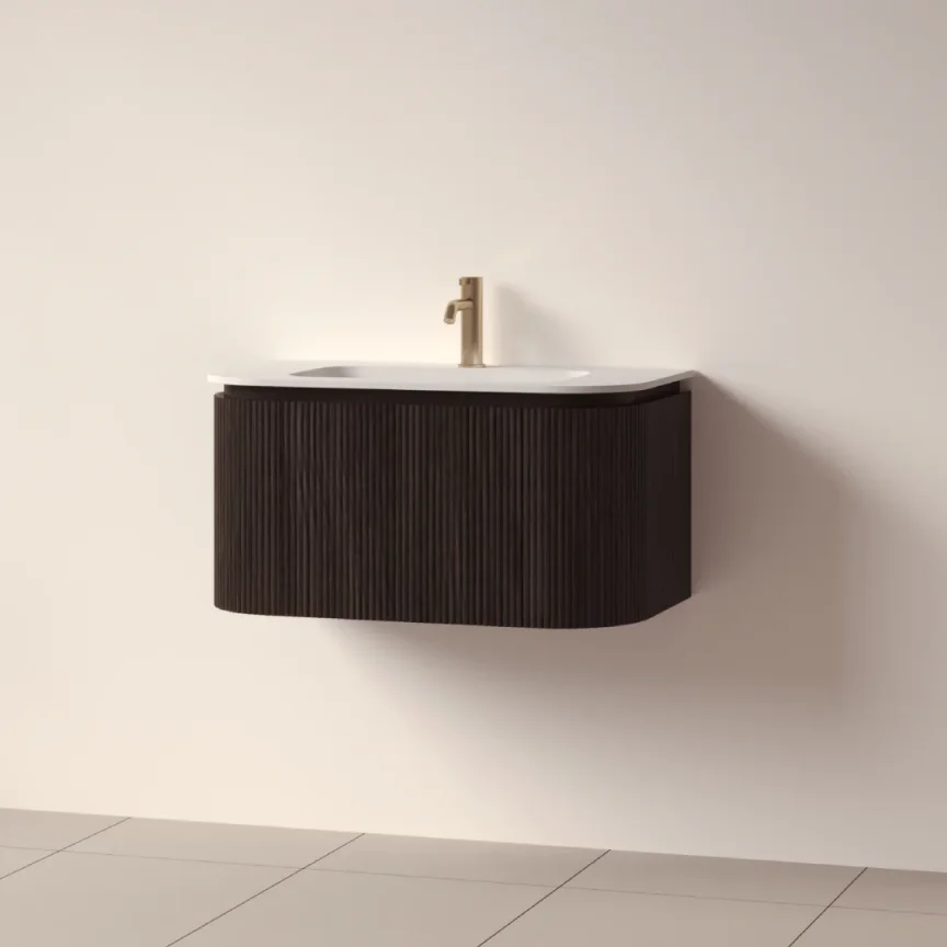 Faeber Lunar 3 Drawer Curved Fluted 800mm Vanity Unit Black Walnut With Matt White Basin 1th (drilled On-site) product image - Image 1