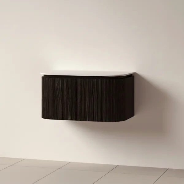 Faeber Lunar 3 Drawer Curved Fluted 800mm Vanity Unit Black Walnut With Matt White Countertop