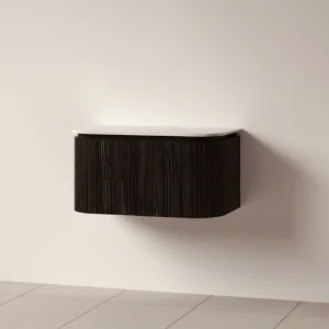 Faeber Lunar 3 Drawer Curved Fluted 800mm Vanity Unit Black Walnut With Matt White Countertop