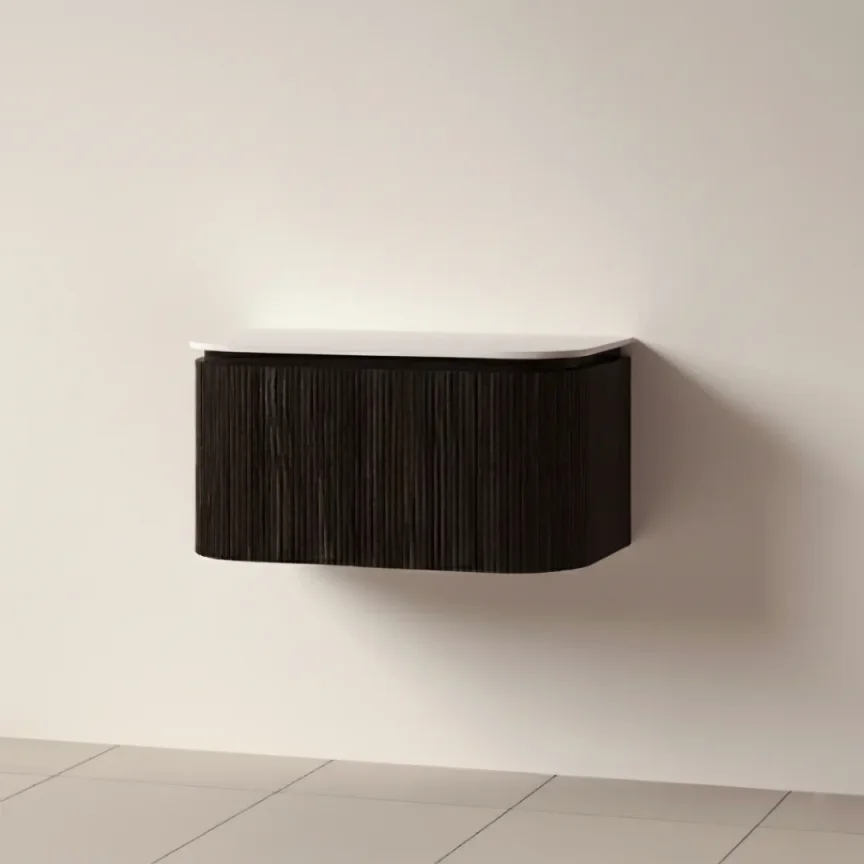 Faeber Lunar 3 Drawer Curved Fluted 800mm Vanity Unit Black Walnut With Matt White Countertop product image - Image 1