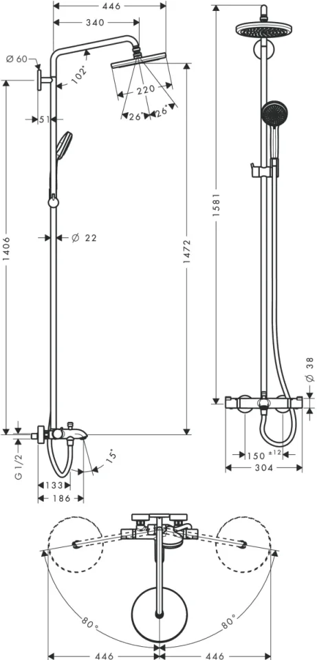 Hansgrohe Croma 220 Showerpipe Bath Tub W.therm Chrome detail view - Image 3
