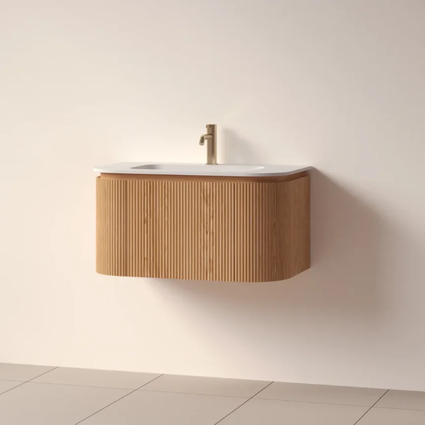 Faeber Lunar 3 Drawer Curved Fluted 800mm Vanity Unit Oak With Matt White Basin 1th (drilled On-site) product image - Image 1