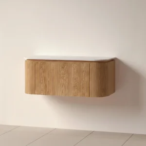 Faeber Lunar 3 Drawer Curved Fluted 1000mm Vanity Unit Oak With Matt White Countertop