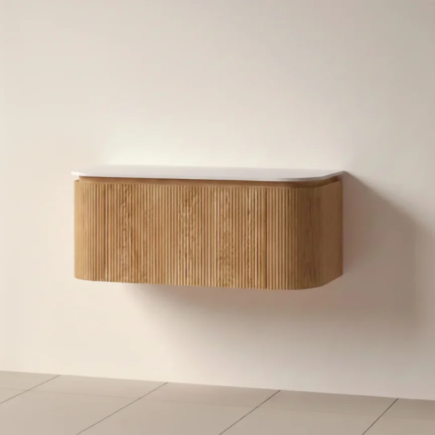 Faeber Lunar 3 Drawer Curved Fluted 1000mm Vanity Unit Oak With Matt White Countertop product image - Image 1