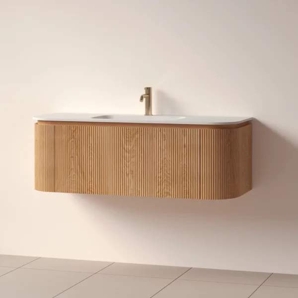 Faeber Lunar 3 Drawer Curved Fluted 1200mm Vanity Unit Oak With Matt White Basin 1th (drilled On-site)