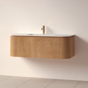Faeber Lunar 3 Drawer Curved Fluted 1200mm Vanity Unit Oak With Matt White Basin 1th (drilled On-site)
