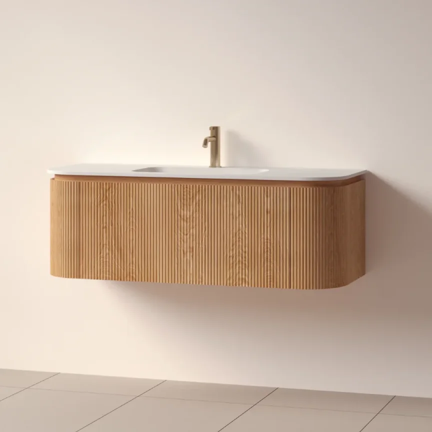 Faeber Lunar 3 Drawer Curved Fluted 1200mm Vanity Unit Oak With Matt White Basin 1th (drilled On-site) product image - Image 1