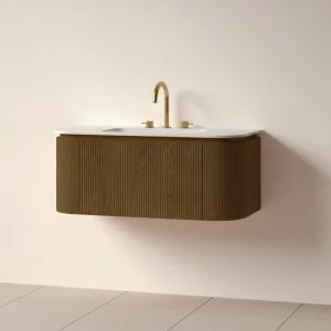 Faeber Lunar 3 Drawer Curved Fluted 1000mm Vanity Unit Walnut With Matt White Basin 3th (drilled On-site)