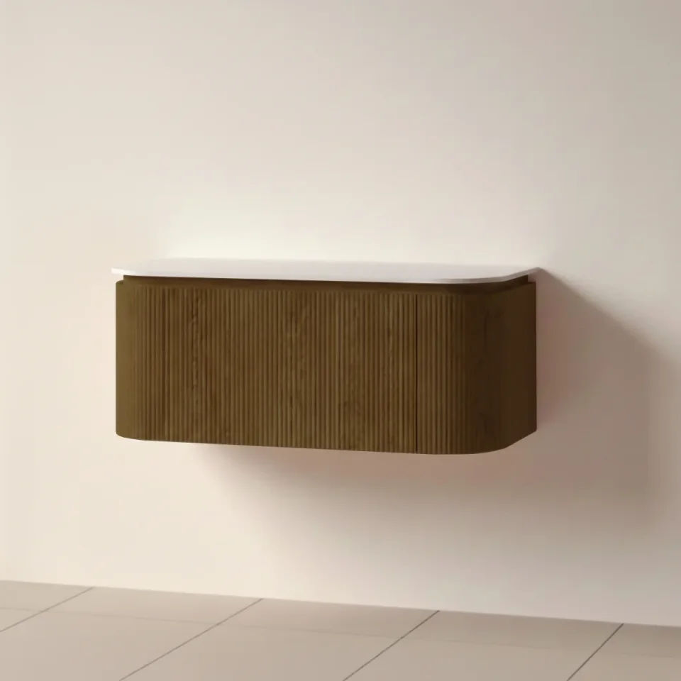 Faeber Lunar 3 Drawer Curved Fluted 1000mm Vanity Unit Walnut With Matt White Countertop product image - Image 1