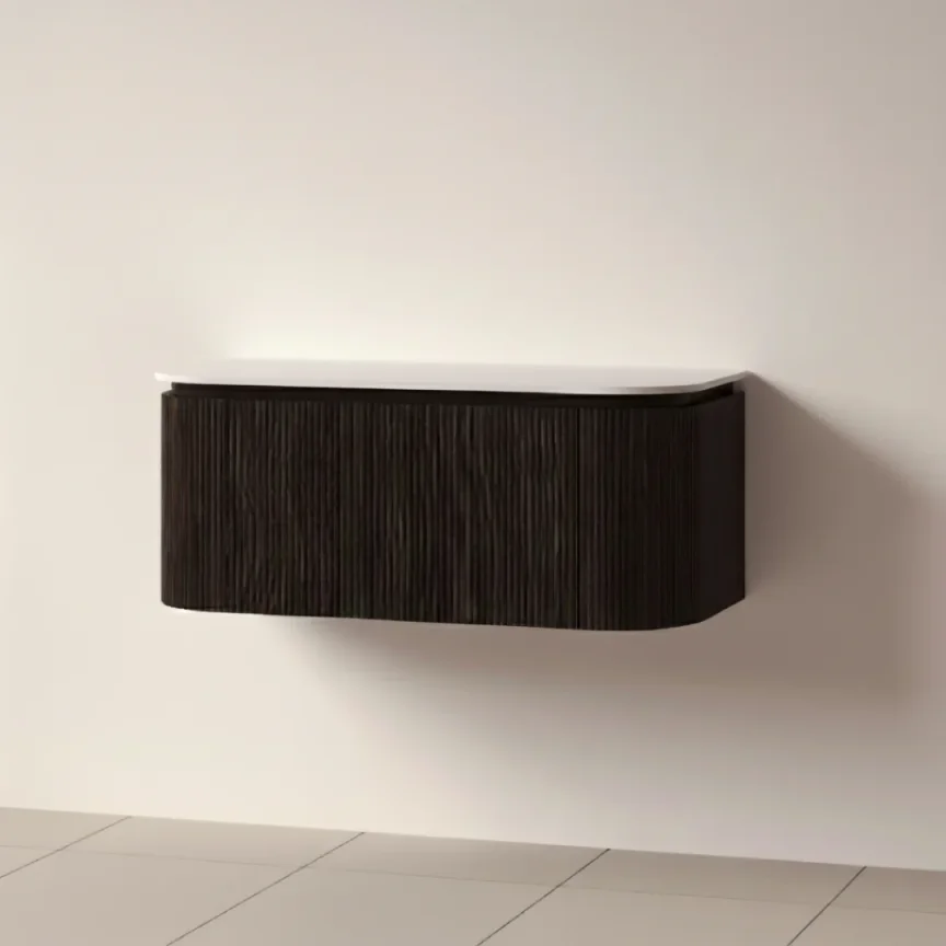 Faeber Lunar 3 Drawer Curved Fluted 1000mm Vanity Unit Black Walnut With Matt White Countertop product image - Image 1